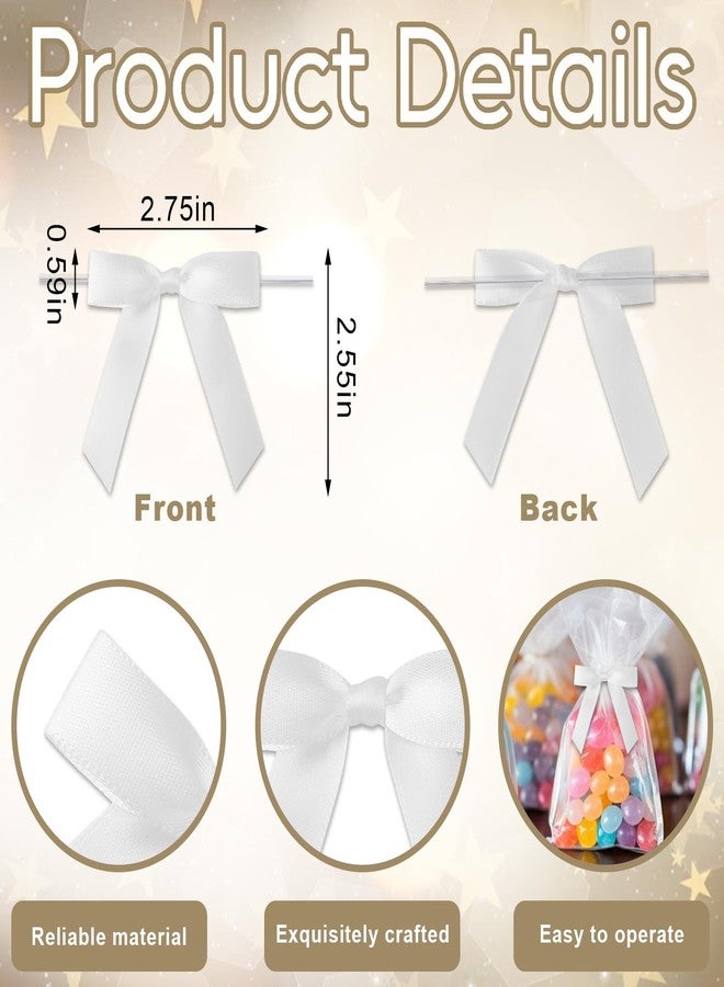 Blinket 50 Pcs White Satin Ribbon Twist Tie Bows 2.76×2.95 inch – Premade Small Bows for Gift Wrapping Treat Bags Wedding Baby Shower Party Favor Decorations - Image 2
